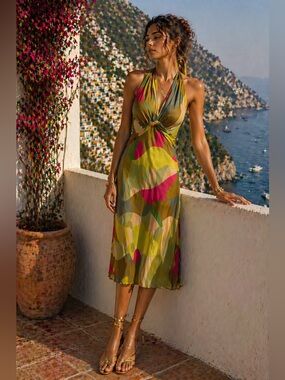 Vintage BCBG Max Azria Silk Halter Dress Y2K Abstract Print Midi Sz 6